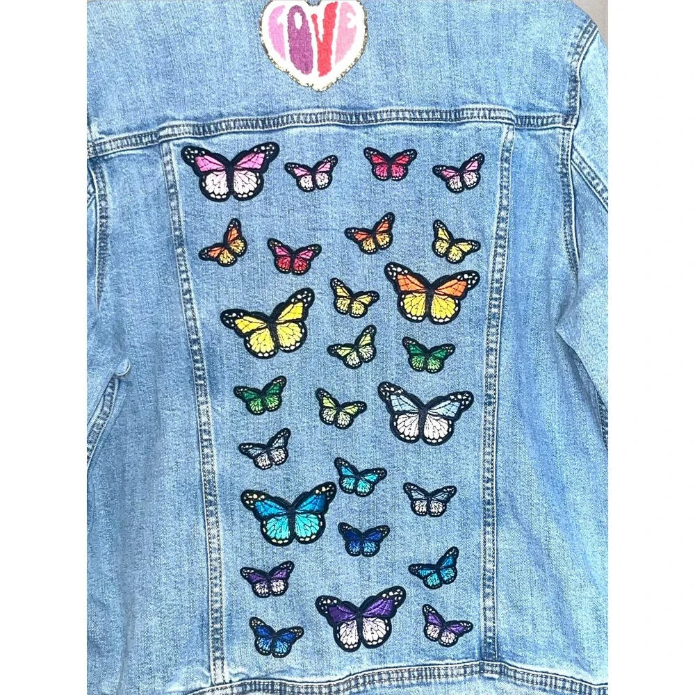 Rainbow Butterflies Pride Boho Festival Patch Denim Jean Jacket LGBTQIA+ sz. XL - Picture 8 of 9